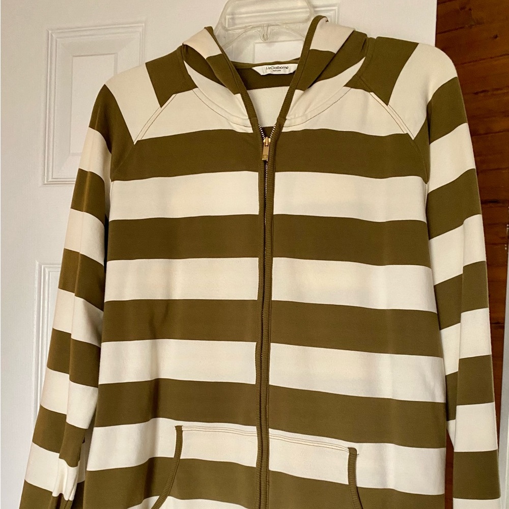 Liz Claiborne Hoodie in Striped Olive Green & Cream